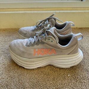 Hoka Light Gray and Coral Athletic Shoes